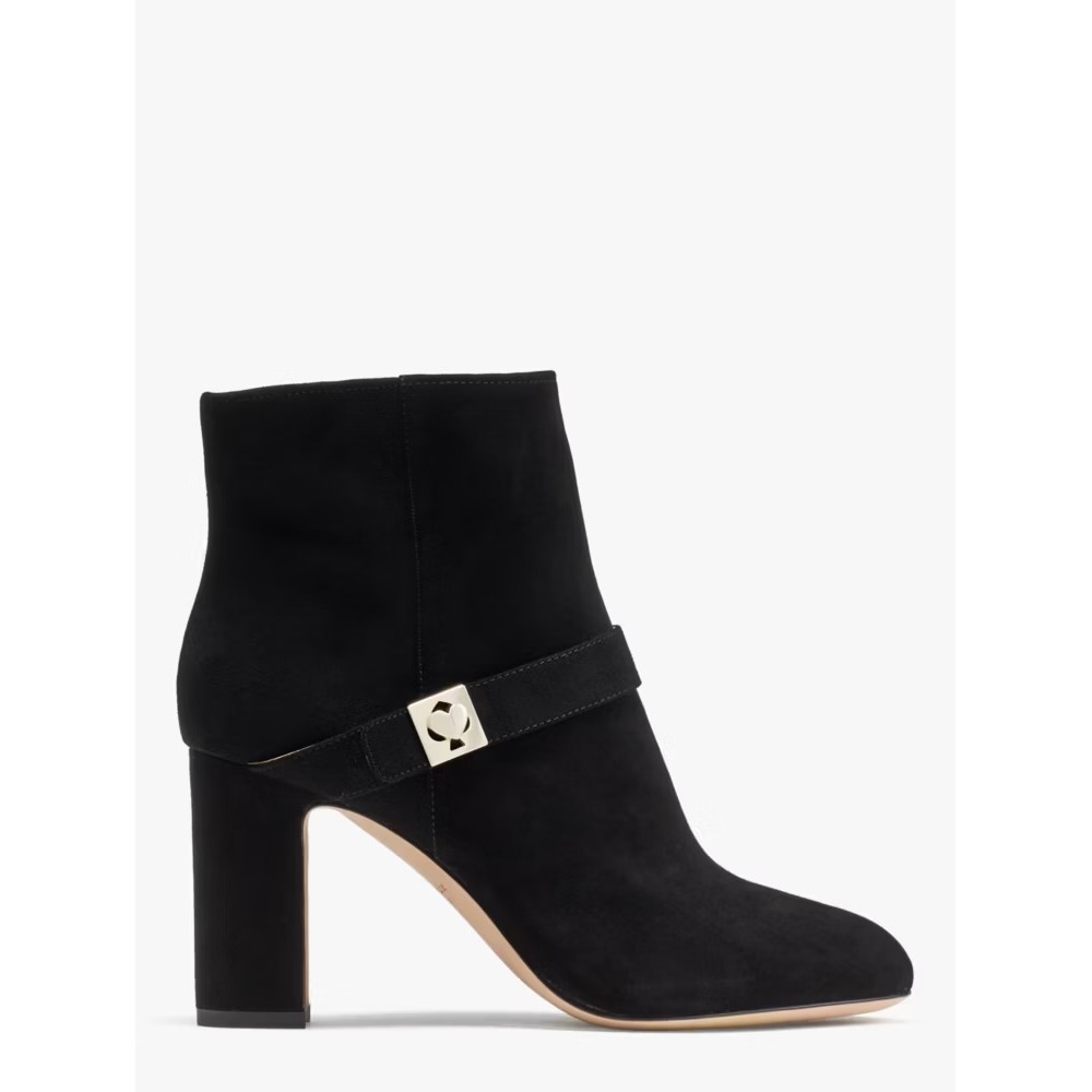 Kate Spade Thatcher Black Suede Chunky Heel Round Toe Booties Leather Sole Sz 8
